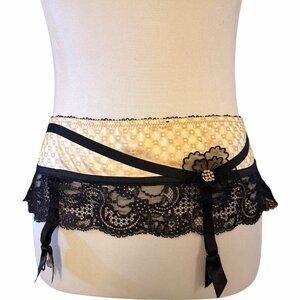 Aubade Women's Black Tan Lace Sheer Garter Belt Lingerie‎ Size L Large Sexy